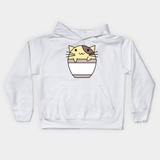 Cat in coffee cup yellow and brown Kids Hoodie